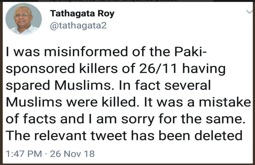 26/11 हमला: राज्यपाल तथागत रॉय का विवादित ट्वीट, विवाद बढ़ने पर डिलीट कर मांगी माफी