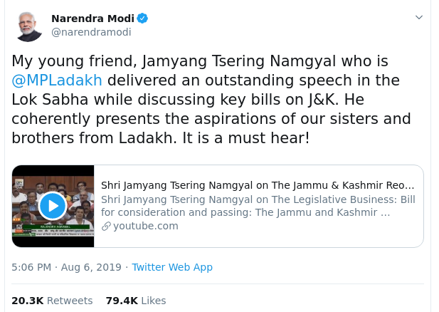 PM Modi shared Ladakh MP Tsering Namgyal video