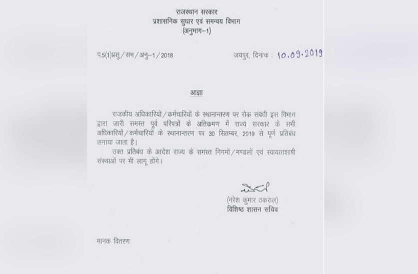 सरकारी विभागों में 30 सितंबर से तबादलों पर रोक, राज्य सरकार ने जारी किए आदेश, पूरे राजस्थान में होंगे लागू