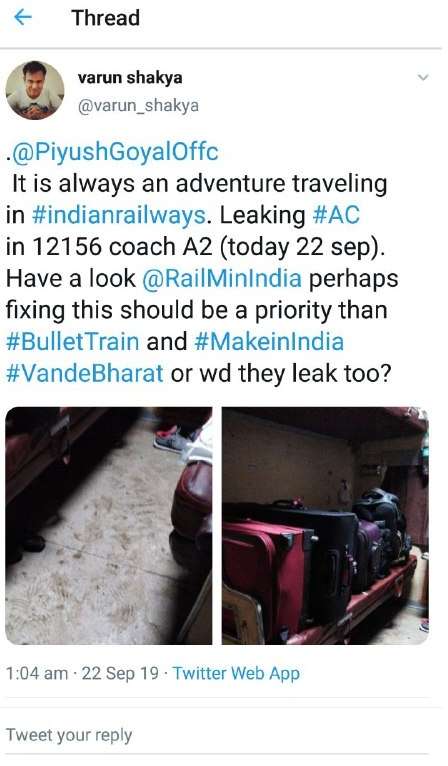 water leakage problem in AC coach of Bhopal express