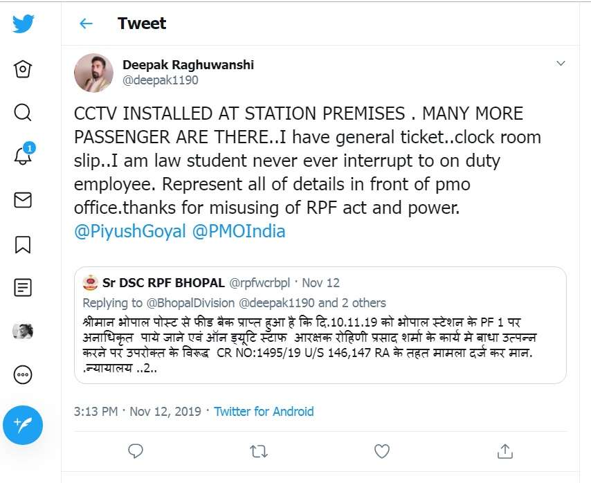 RPF registered case against a guy for tweeting to the railways