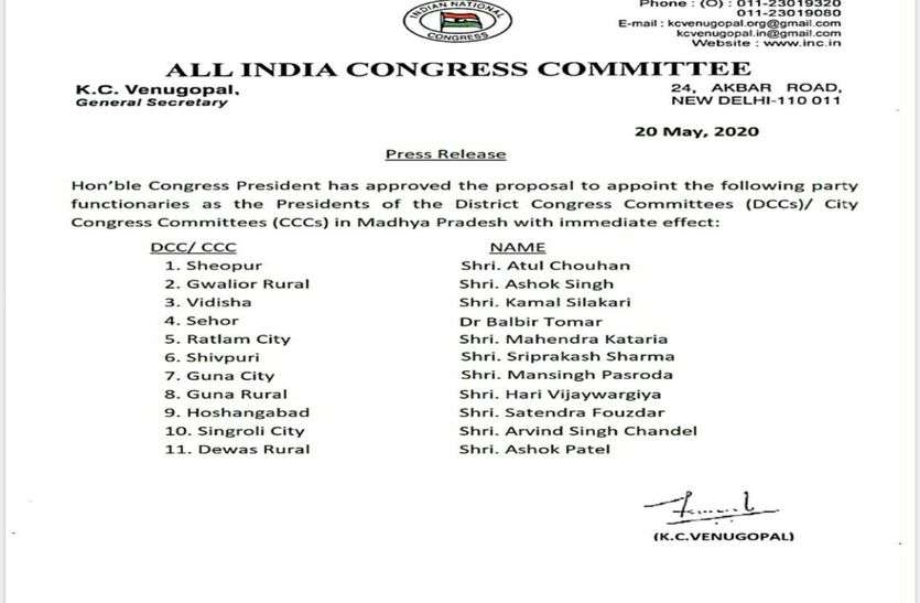 Major change in Congress before MP by-election, 10 presidents replaced