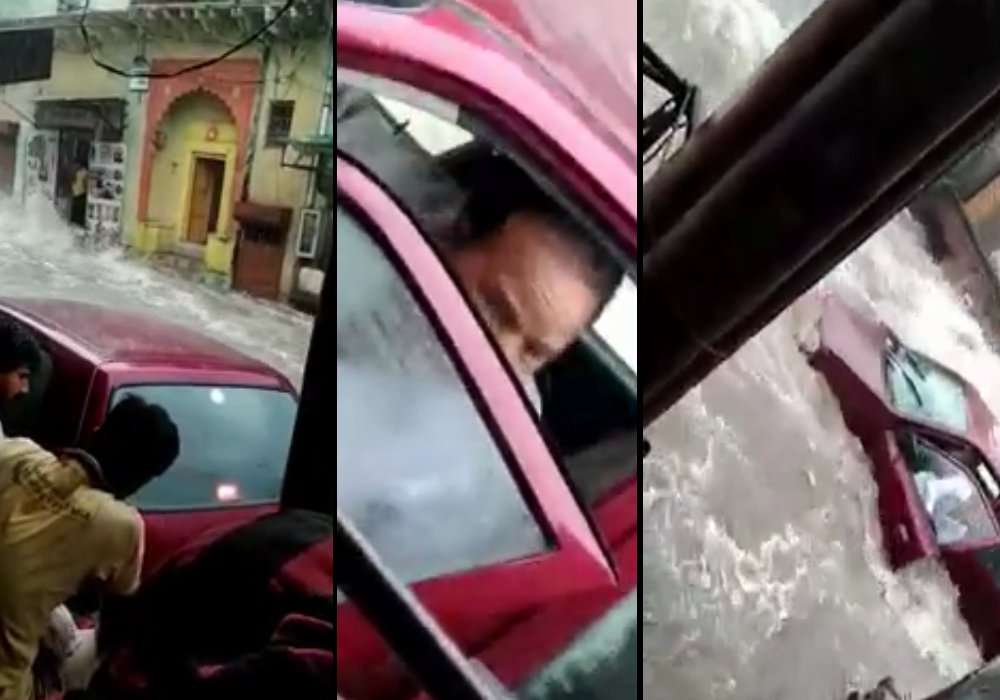UP Weather: जब मथुरा में बीच सड़क पर भारी बारिश में बह गया कार सवार