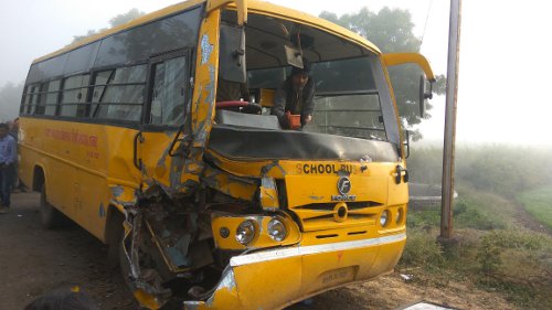 Mondvadha. JCB damaged school bus collision.