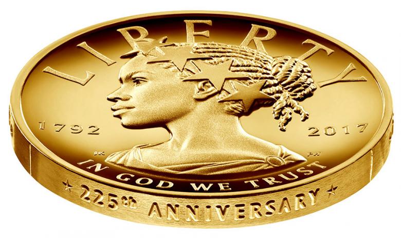 सोने के 100 डॉलर पर लेडी लिबर्टी अफ्रीकी-अमरीकी रूप में