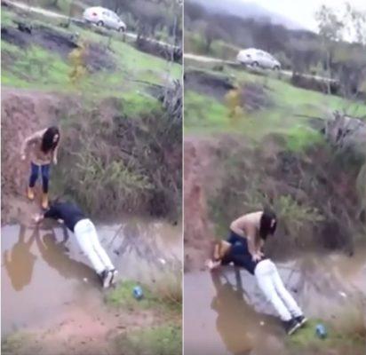 Funny video: to make the girl cross the drainage b