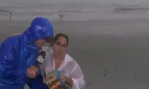 Reporter Covering Hurricane In Texas