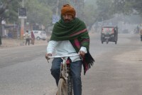 कोहरे के बीच साइकिल सवार