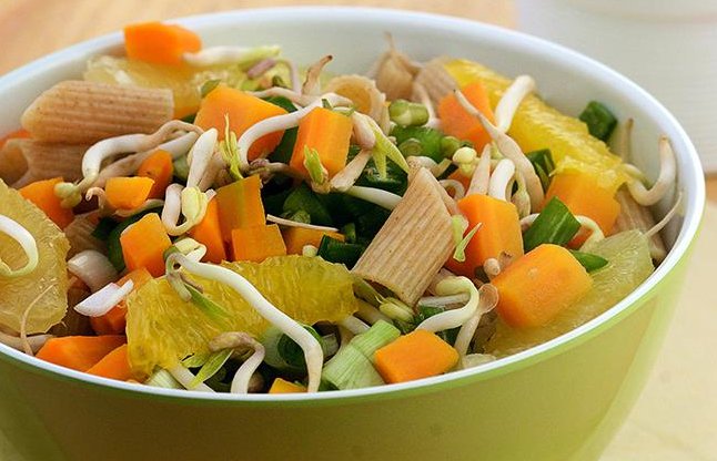 Penne and fruit salad