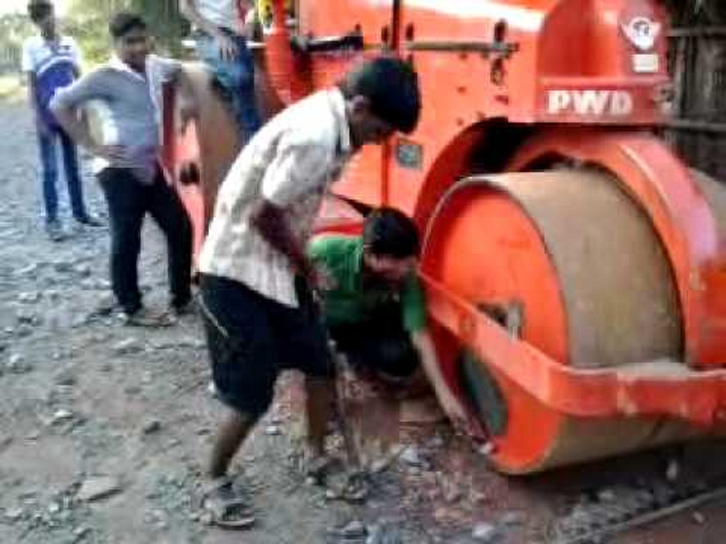 The child shattered with the road-roller totally grind