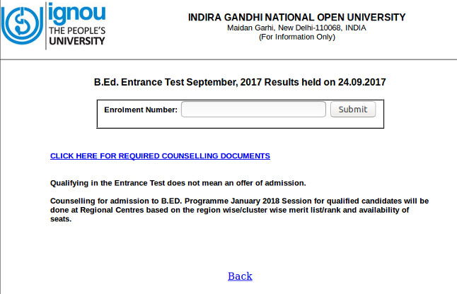 , ignou B.Ed Entrance Exam Result 2017