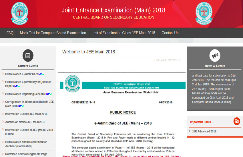  JEE Main Exam 2018
