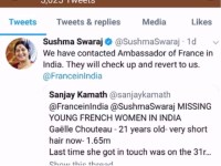 foreign minister sushma swraj tweet for missing foreigner girl