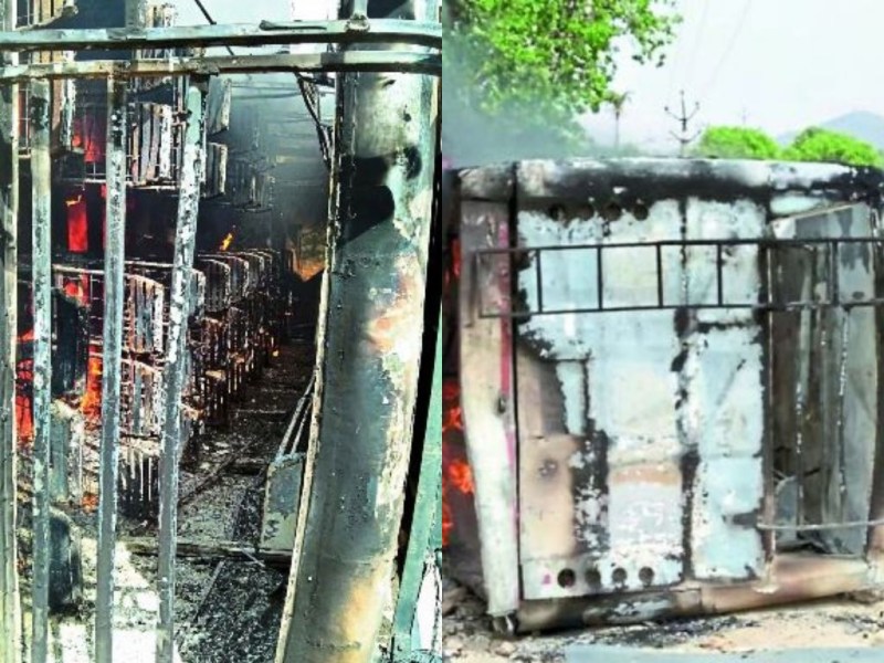fire in roadways bus at jaisamand, udaipur