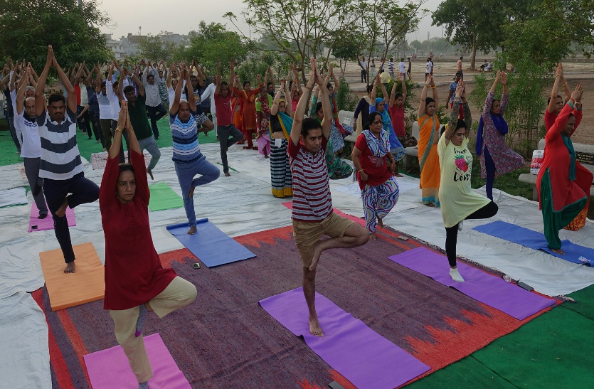International Yoga Day Tourism absorbed in city yoga