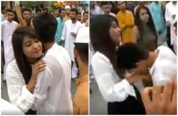 girl give wishes young boys and children eid with hug