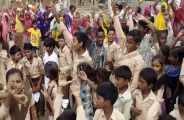 Demonstration outside villagers school in bhilwara