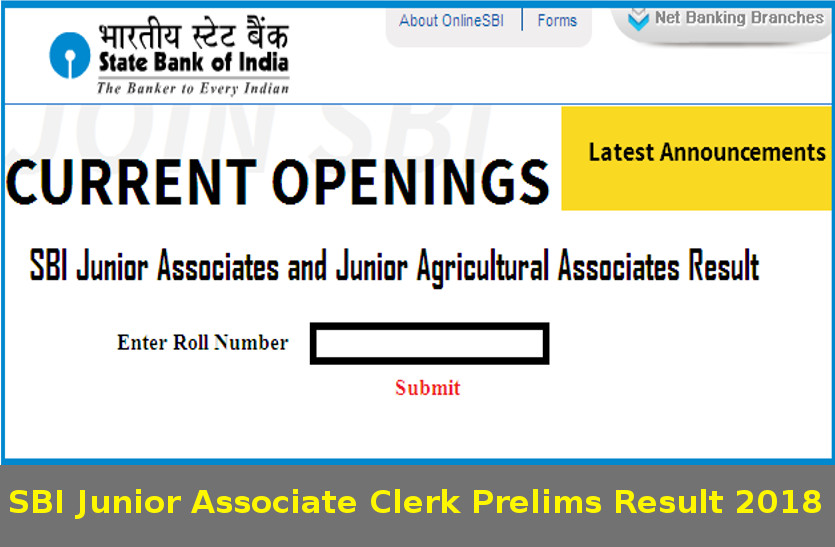 SBI Junior Associate Clerk Prelims Result 2018