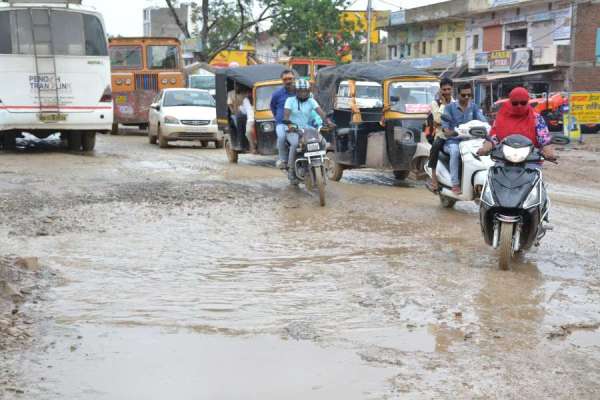 सड़क के गड्ढों में आप पार्टी के पदाधिकारियों ने रोपे पौधे, देखें इन तस्वीरों में