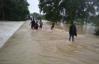 पुल-पुलियों की ऊंचाई कम होने से पुल के ऊपर से बह रह पानी, जान जोखिम में डालकर पुल पार कर रहे ग्रामीण