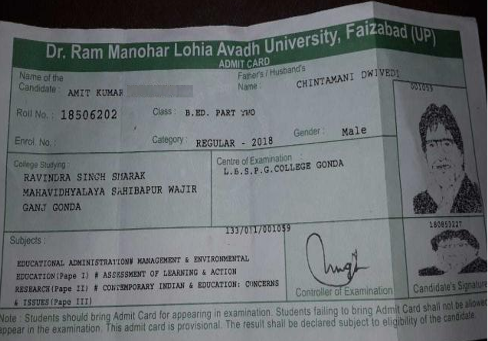 Amitabh Bachchan photo on B.Ed. Second Year Exam Admit Card
