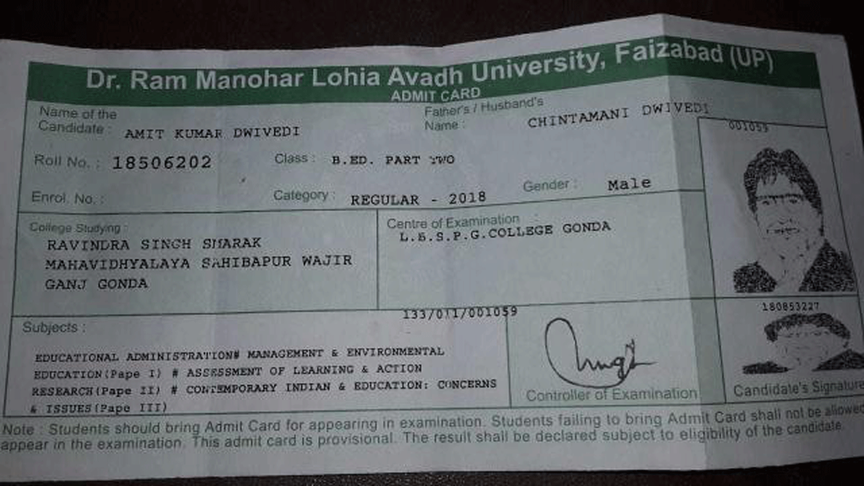 Avadh University issued a photograph of Amitabh Bachchan On admit card