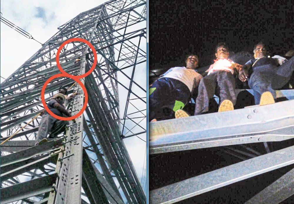 farmers climbing on Electric tower in satna