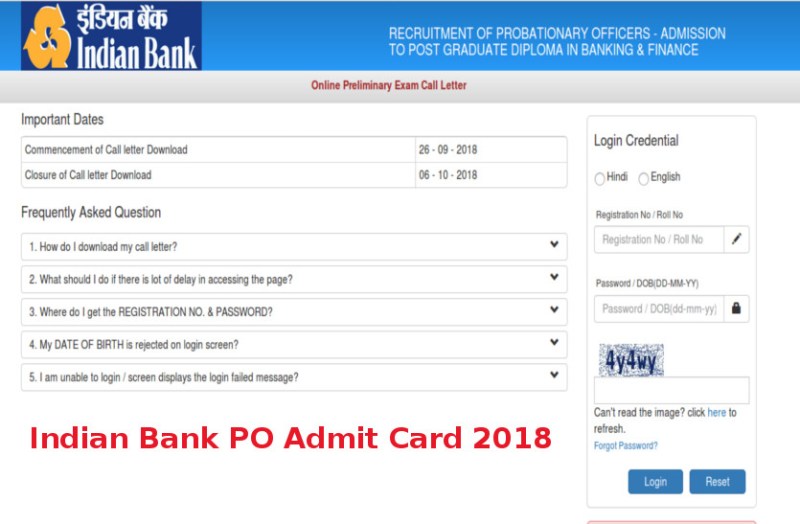 Indian Bank PO Admit Card 2018