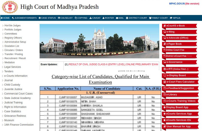 MP High Court Civil Judge Result 2018 and main exam date