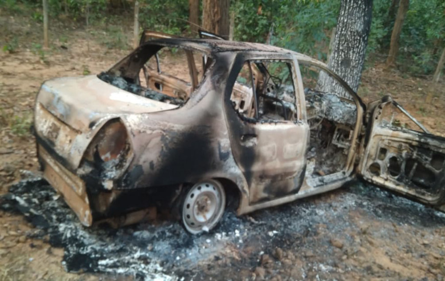 Burnt car in forest