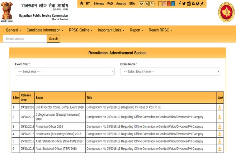 RPSC Sub Inspector Answer Key 2018