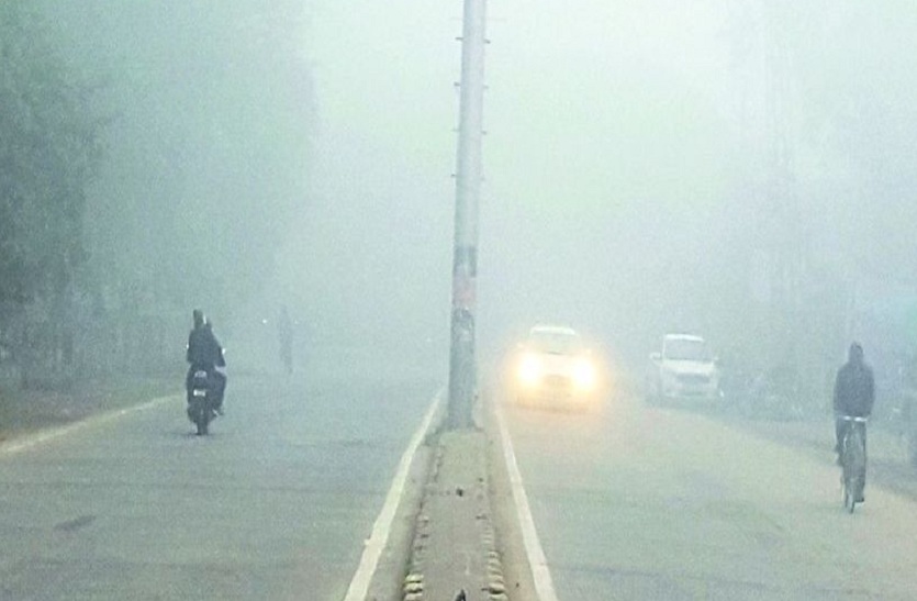 सामने तेज कोहरे के बीच गुजरते वाहन।