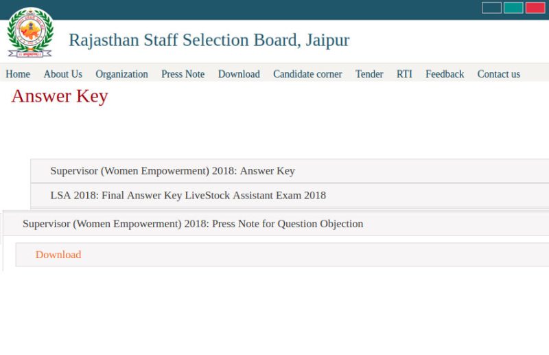 RSMSSB Women Supervisor Answer key 2018