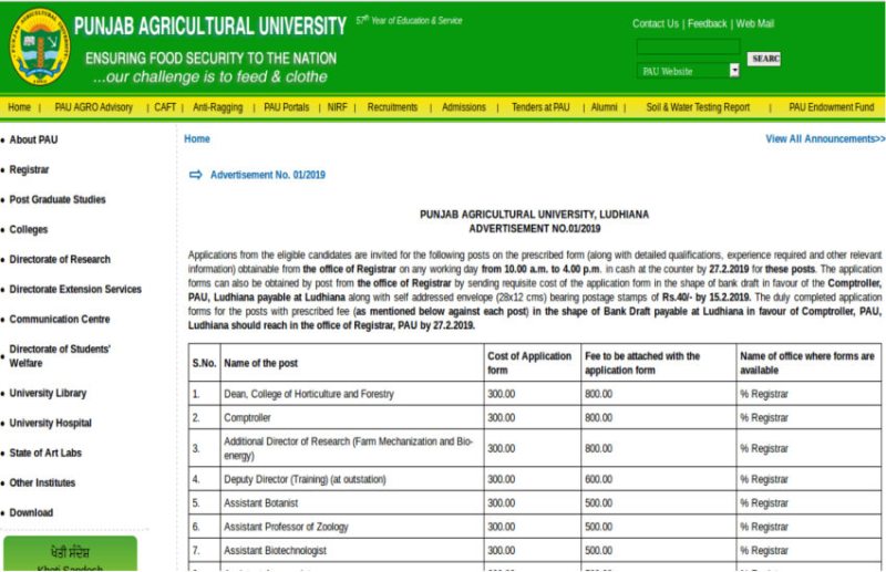 Punjab Agricultural University Recruitment 2019
