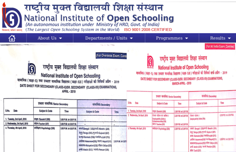NIOS Class 10th And 12th Date sheet Exam 2019
