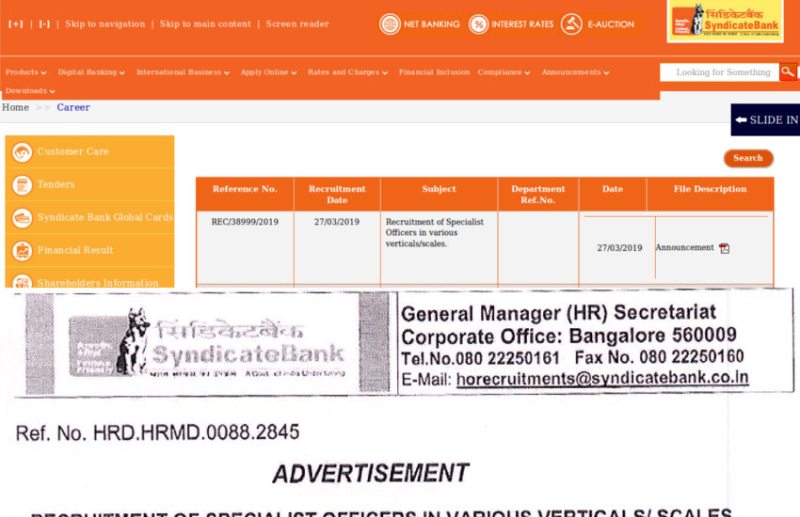 Syndicate Bank Recruitment 2019