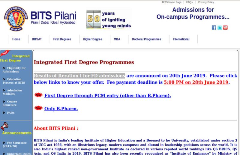 BITSAT 2019 Iteration 1 result