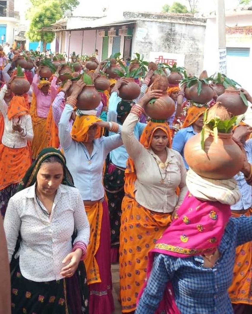 A crowd of pilgrims visiting Kalash Yatra