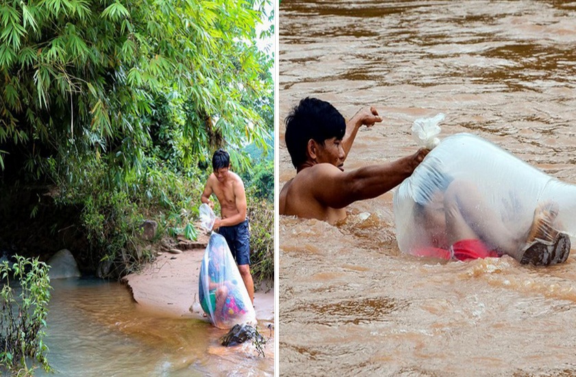 Vietnam Village Schoolkids Cross River In Plastic Bags