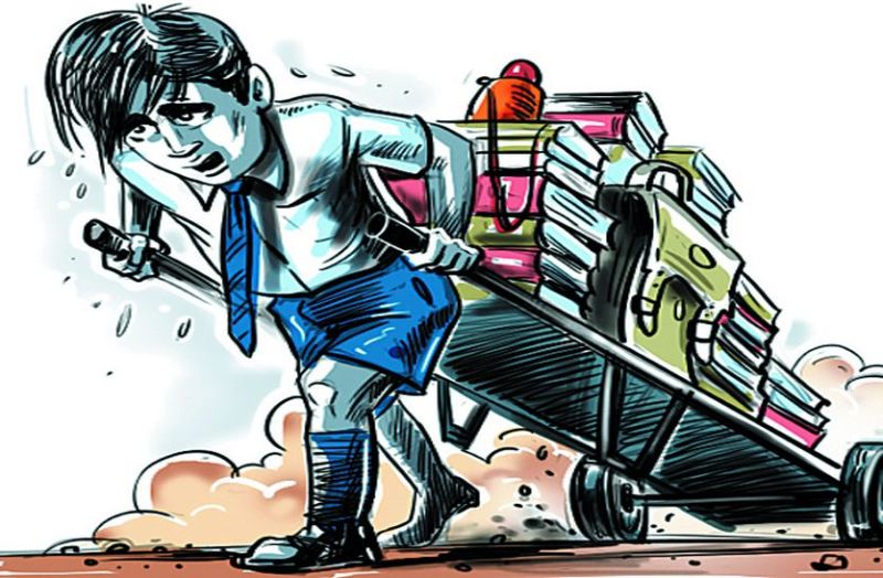 Children's classrooms on the third floor, steps laden with bags