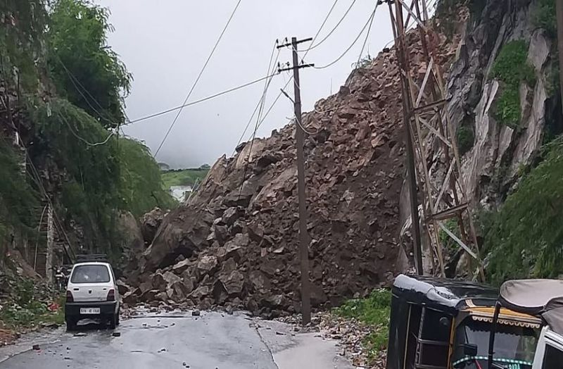 fallen mountain on the road in ajmer