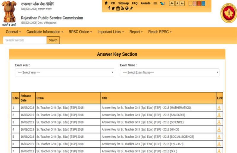 RPSC Answer Key 2019