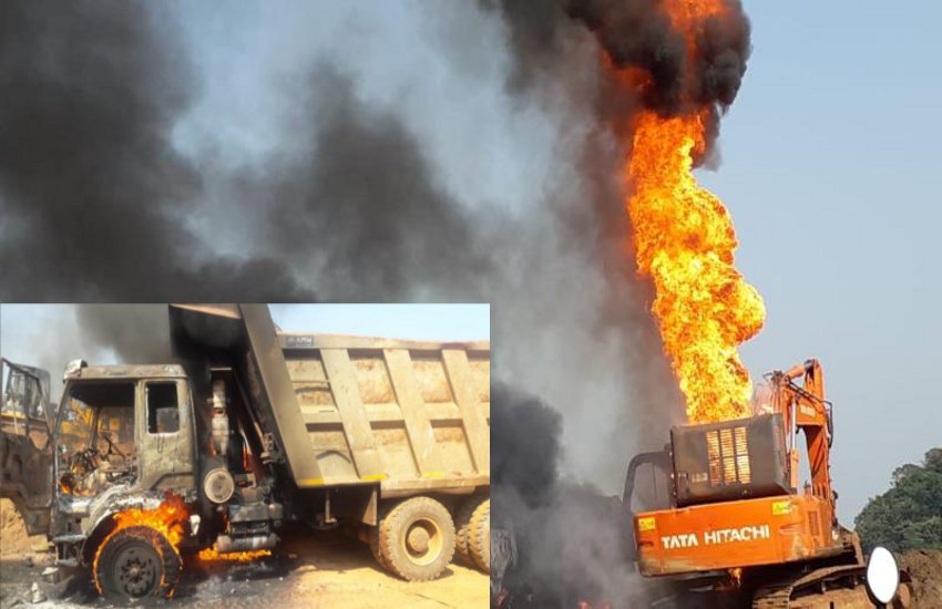 किरंदुल : एनएमडीसी के एसपी 3 प्लांट निर्माण में लगी थी हैदराबाद की कंपनी की 13 वाहनों में माओवादियों ने लगाई आग