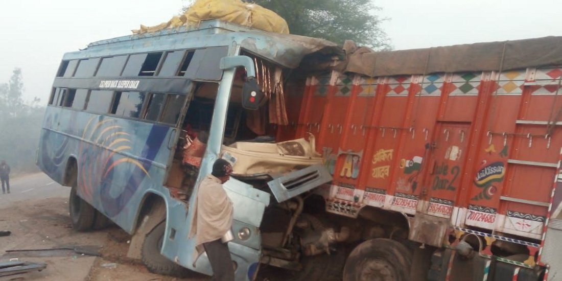 breaking news : High speed bus entered into truck, 9 passengers died