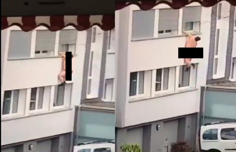 Girlfriends husband reaches home early hangs from window half naked lover