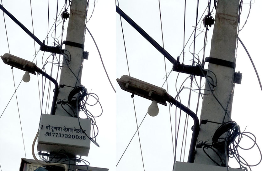 बिजली खम्भों पर लटकी मौत की लाइनें, कस्बे में फैला केबल नेटवर्क लाइनों का जाल