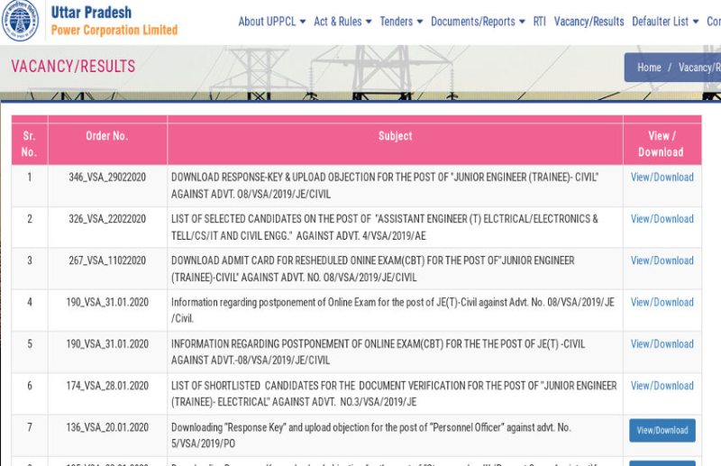 UPPCL JE Answer Key 2020