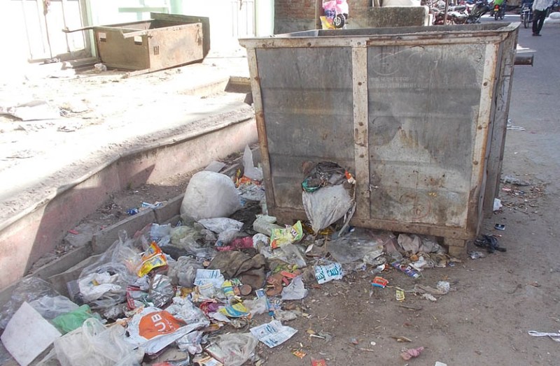 पालिका की अनदेखी से टूटे पात्रों से सडक़ों पर फैल रहा है कचरा