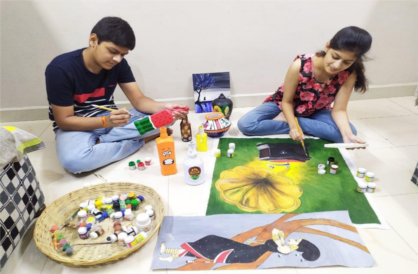 Children doing painting at home under lock down