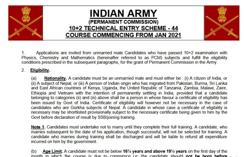 Indian Army TES 44 Recruitment 2020 Notification